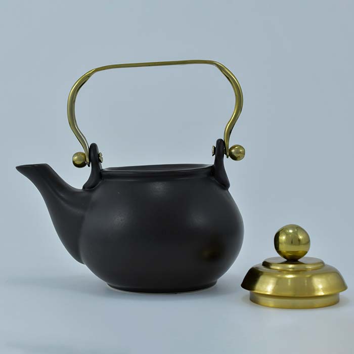 AART Handmade Terracotta Tea pot Black with Golden lid and handle 